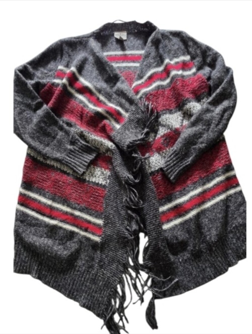 St Johns Bay Sz M Open Front Sweater Cardigan Gray Stripe Cotton Fringe